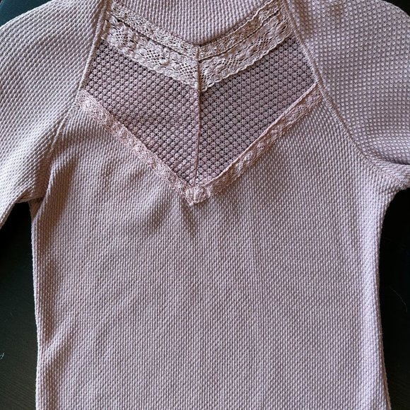 Free People Victorian High Collar Lace and Mesh Dusty Rose Long Sleeve Shirt - Picture 5 of 7